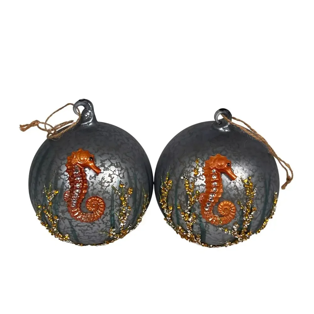Pottery Barn Orange Seahorse Golden Seaweed Antiqued Crackle Glass Ornaments x2